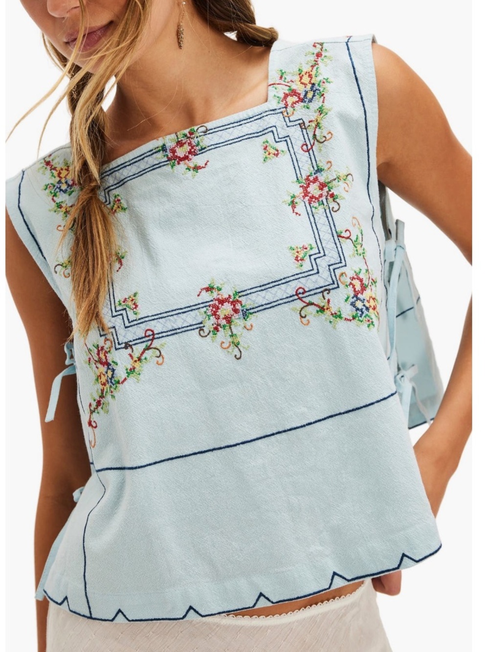 Free People Garden Wall Embroidered Square Neck Sleeveless Top